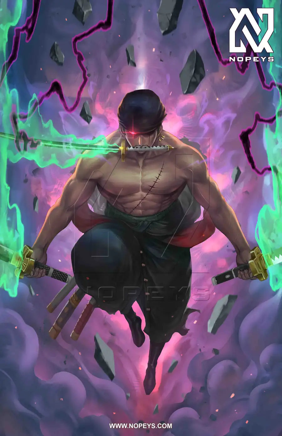 Three-Sword Style Zoro wall art on 12x18 canvas, featuring Zoro in his iconic three-sword stance from One Piece."