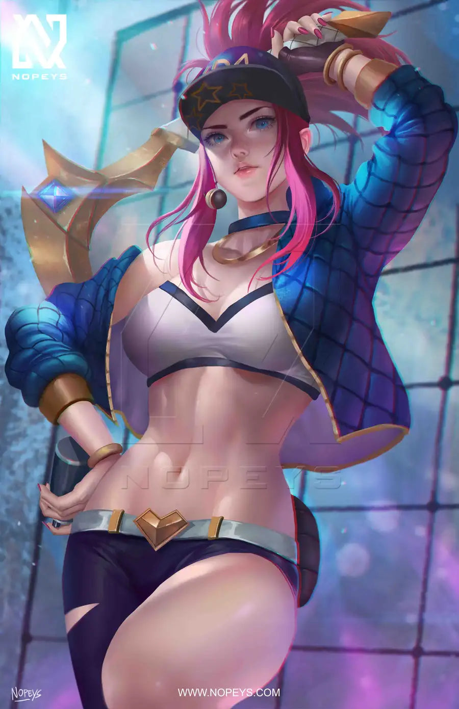 anime-style print of Akali – stealth assassin in hood with twin kama blades in striking ninja stance.