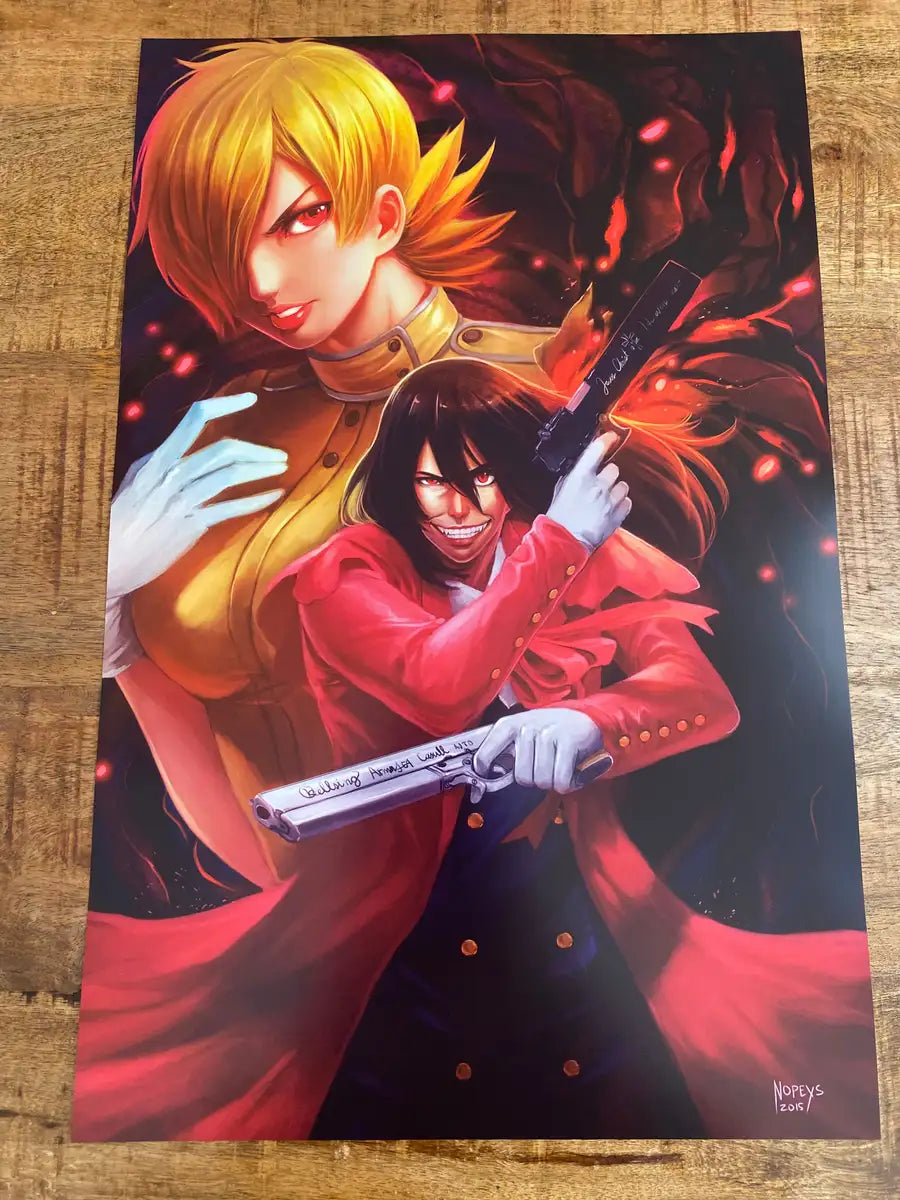 11x17 anime-style print of Alucard and Seras Victoria mid-battle — gothic, red, and fierce with weapons drawn.