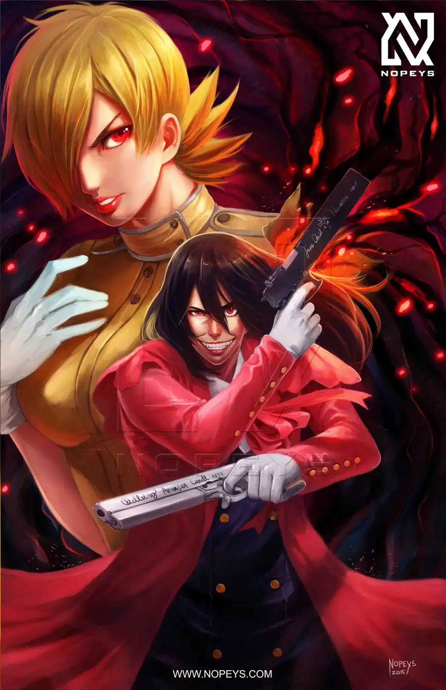 anime-style print of Alucard and Seras Victoria mid-battle — gothic, red, and fierce with weapons drawn.