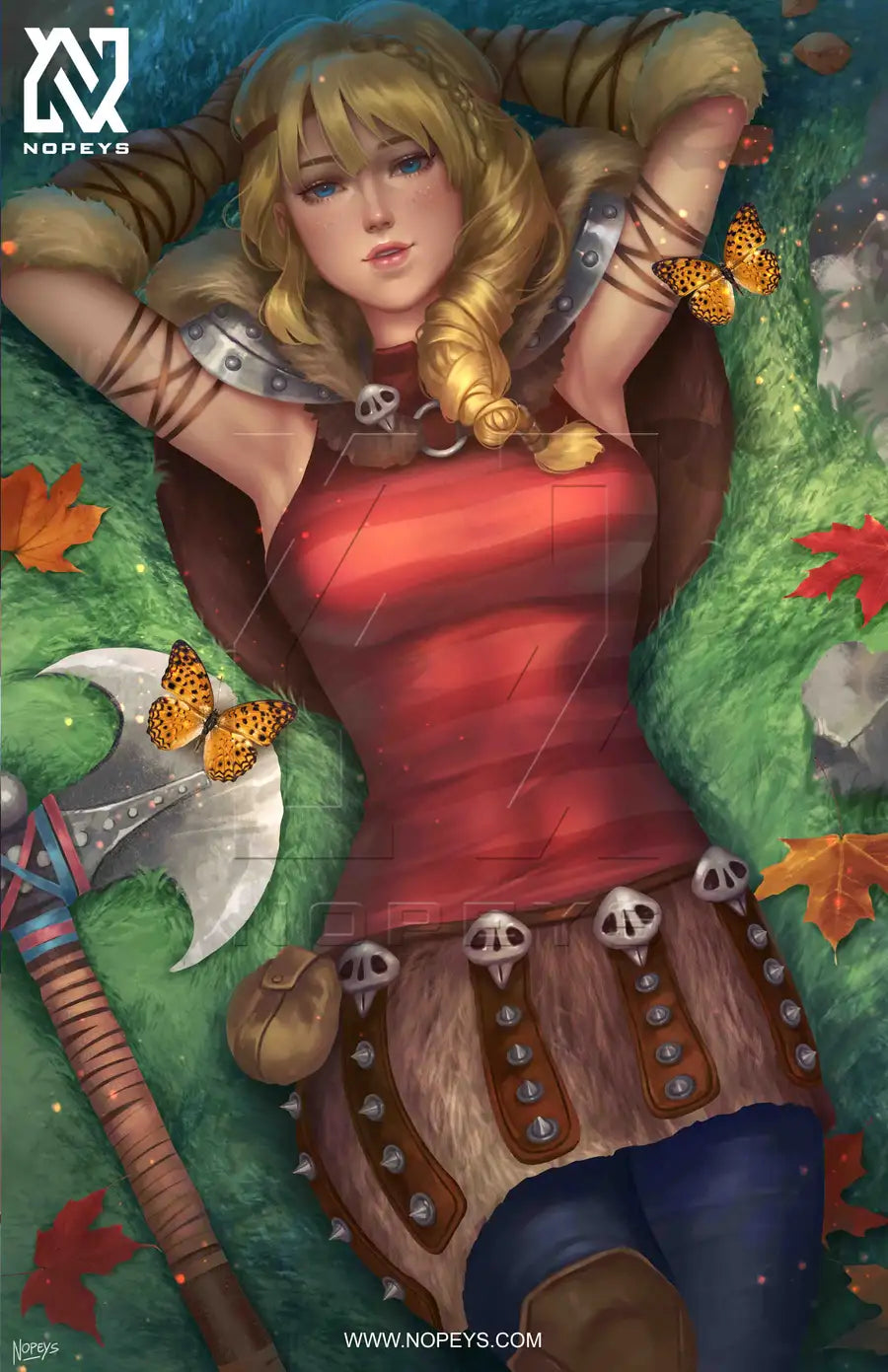 anime-style print of Astrid – axe in hand, wind in hair, Viking warrior ready to fight.