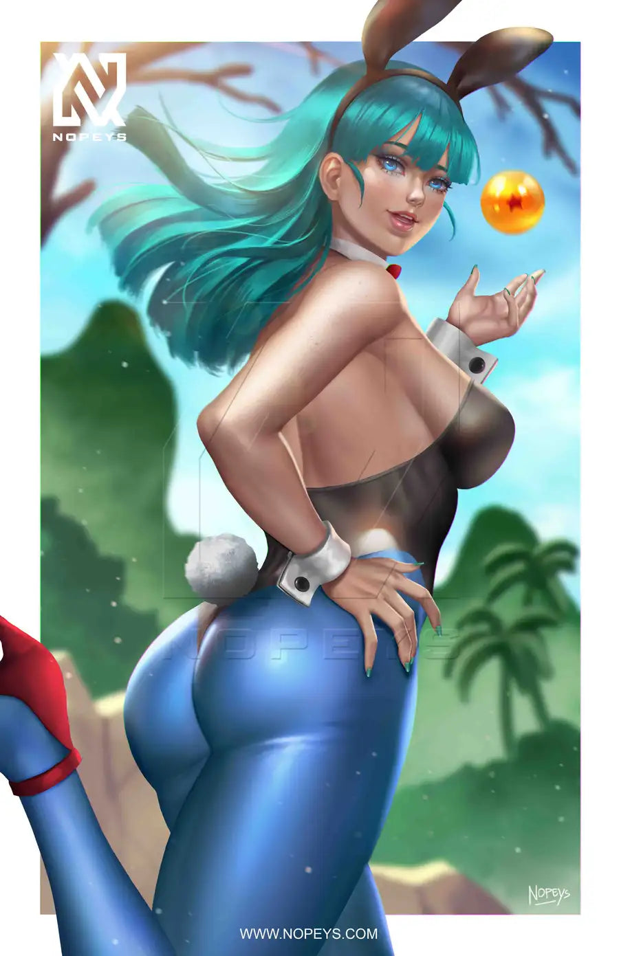 anime-style print of Bulma in bunny suit – confident pose with playful attitude and vintage charm.