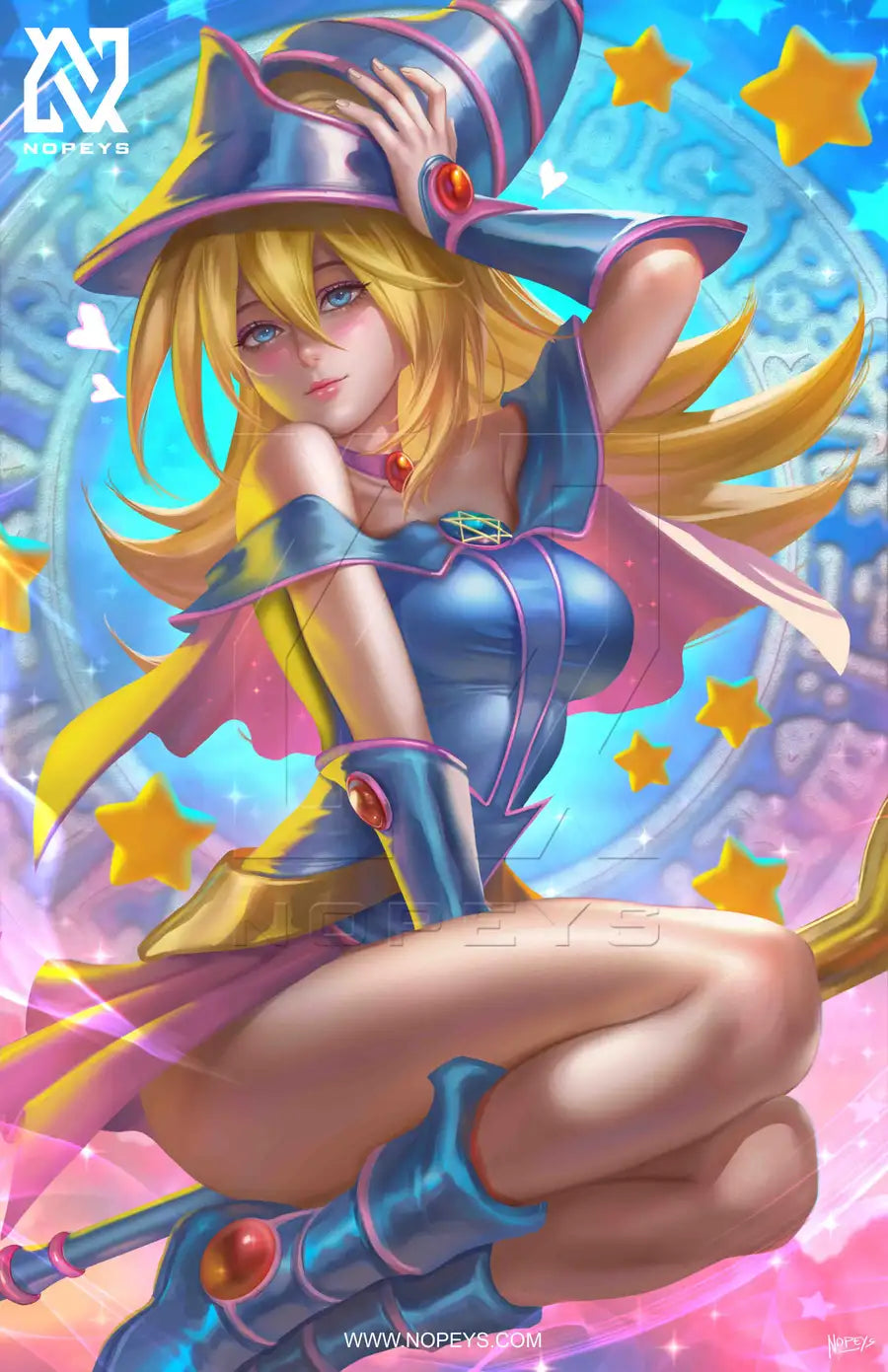 anime-style print of Dark Magician Girl from Yu-Gi-Oh – spellcaster pose with vibrant glow and charm.