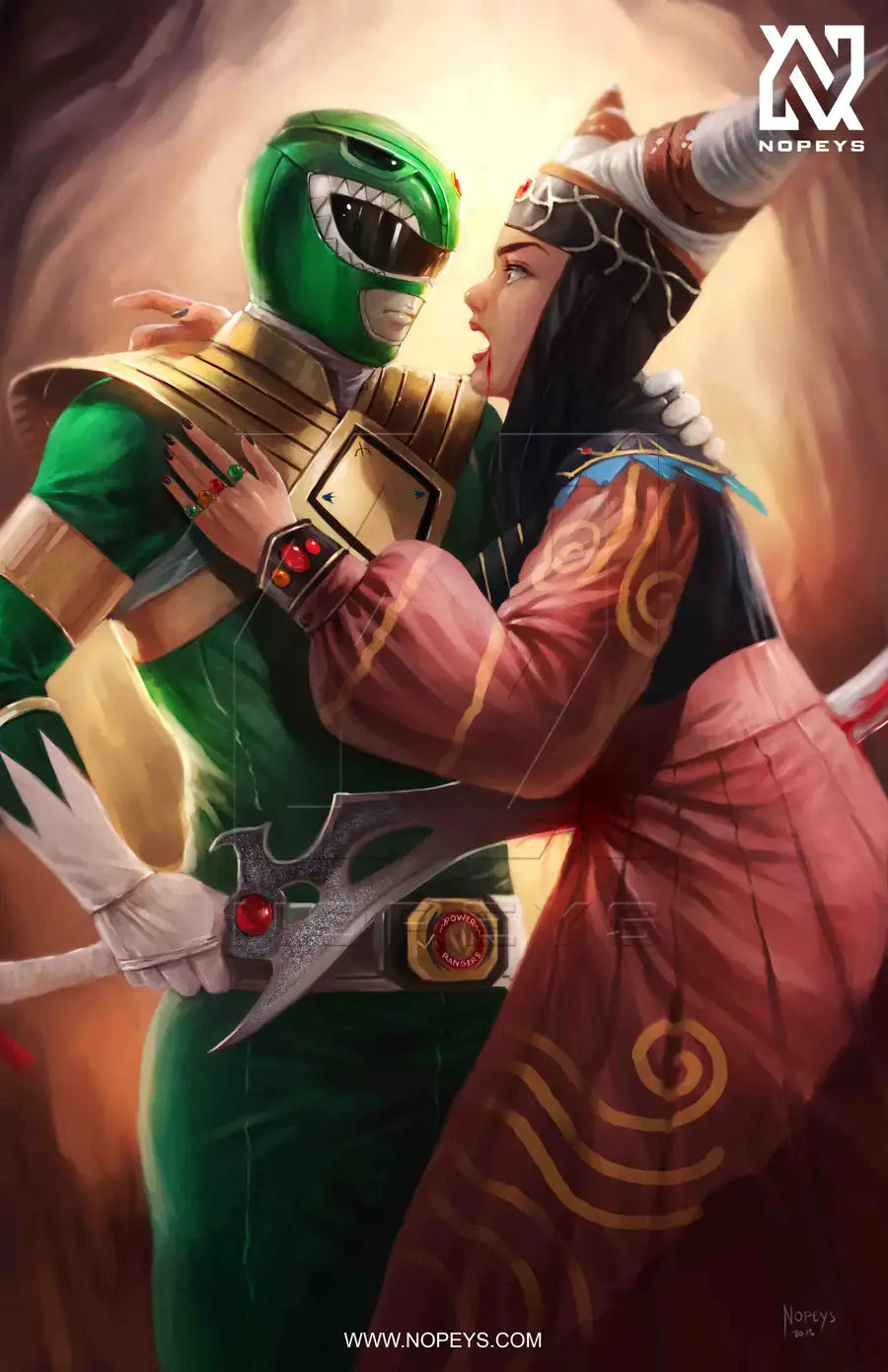 anime-style print of Green Ranger mid-strike stabbing Rita Repulsa in dramatic fan art scene.