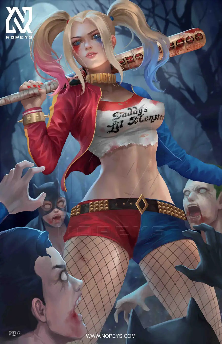 anime-style print of Harley Quinn battling zombies – mid-swing, chaotic energy, and graphic horror flair.