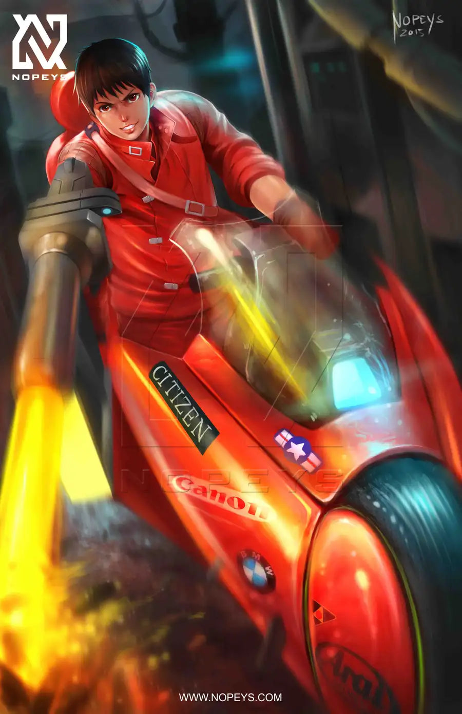 anime-style print of Kaneda on his red motorcycle from Akira — blazing through Neo-Tokyo.
