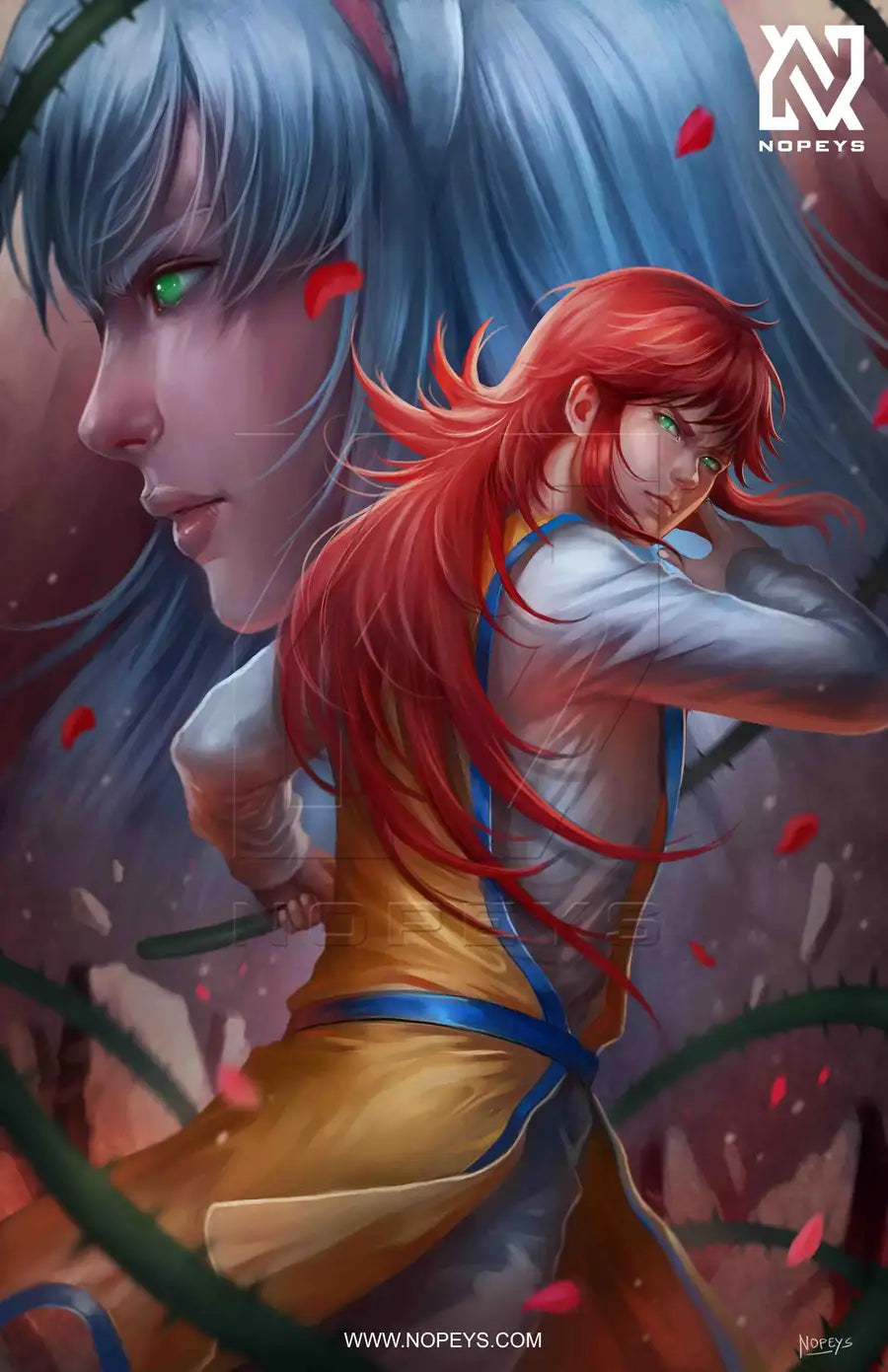 anime-style print of Kurama – mid-strike with Rose Whip, glowing eyes, and focused energy.