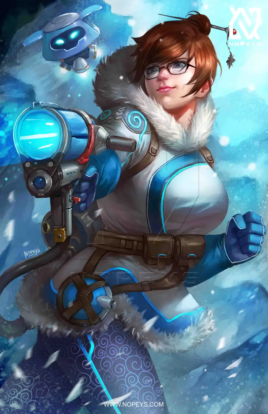 anime-style print of Mei – mid-action with Snowball and blaster charged in icy motion.