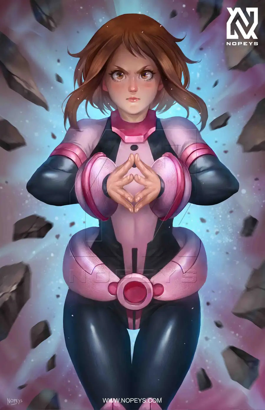 anime-style print of Ochaco Uraraka – floating mid-air in Zero Gravity pose with hero costume.