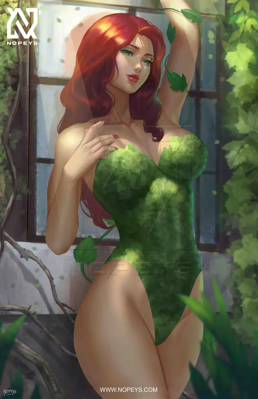 anime-style print of Poison Ivy – fierce gaze with vines and glowing green energy from Gotham’s botanical queen.
