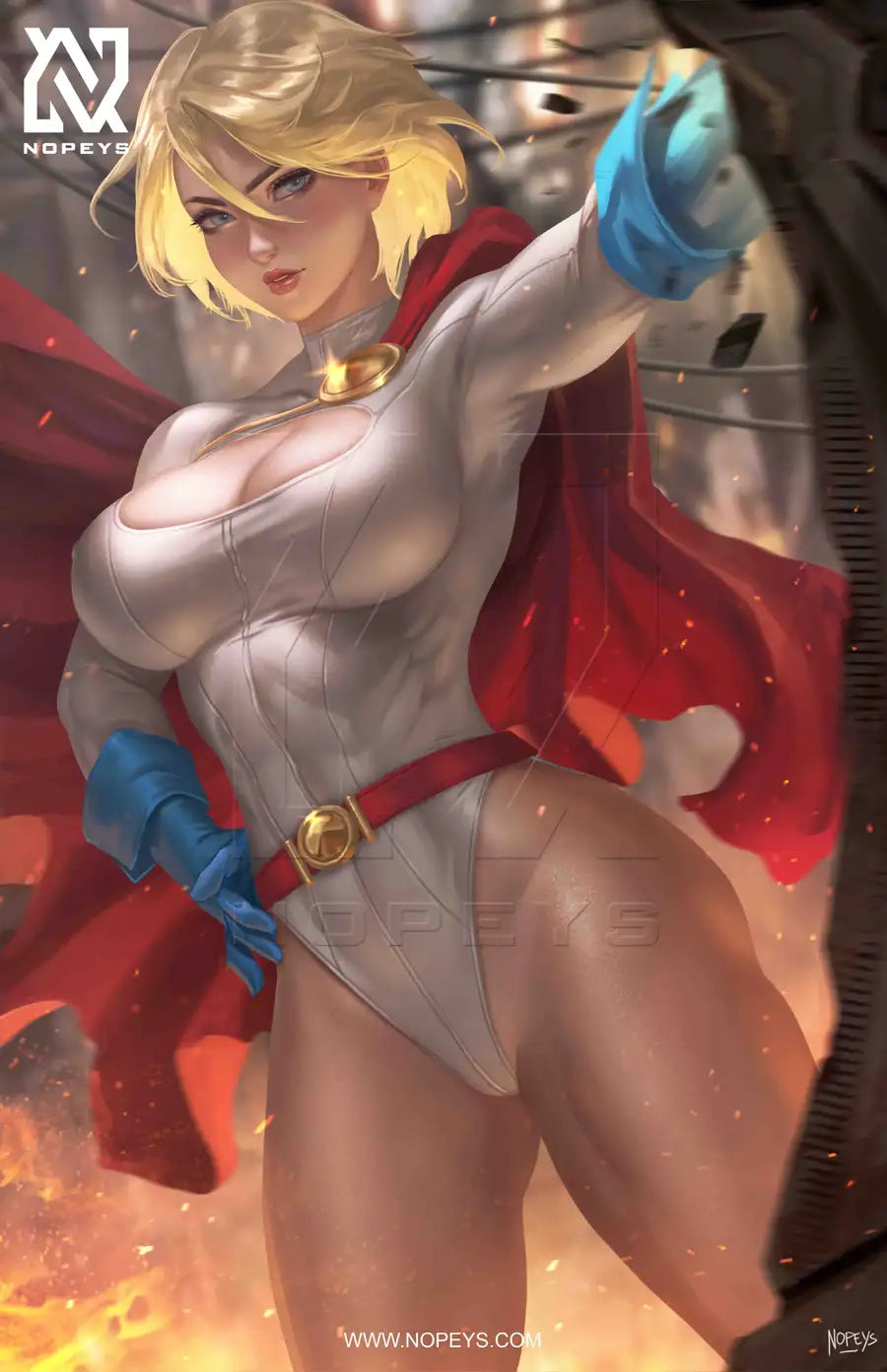 anime-style print of Power Girl – strong stance with cape and confident glare in high-impact design.