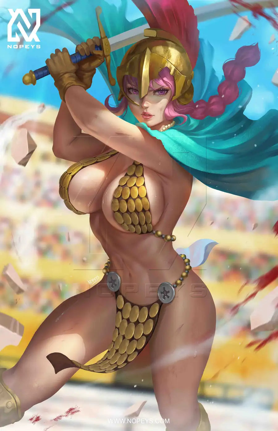 anime-style print of Rebecca from One Piece – poised in gladiator armor with sword drawn.