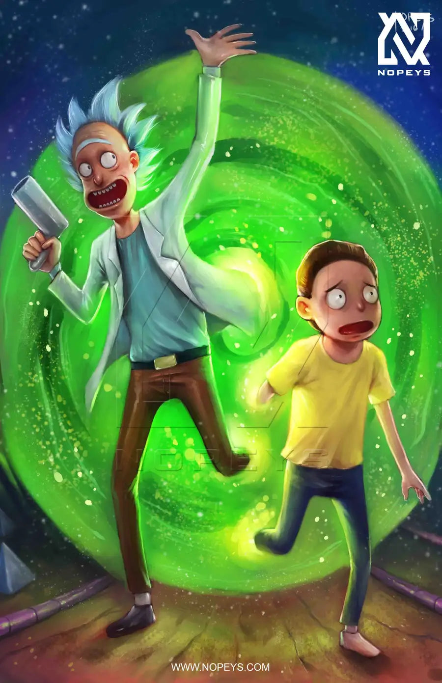 anime-style print of Rick and Morty – mid-portal chaos with sci-fi gear and green energy.