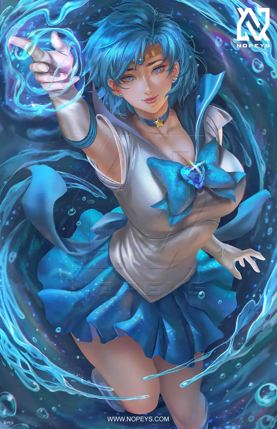 anime-style print of Sailor Mercury – calm, composed battle-ready pose with water aura and blue shimmer.