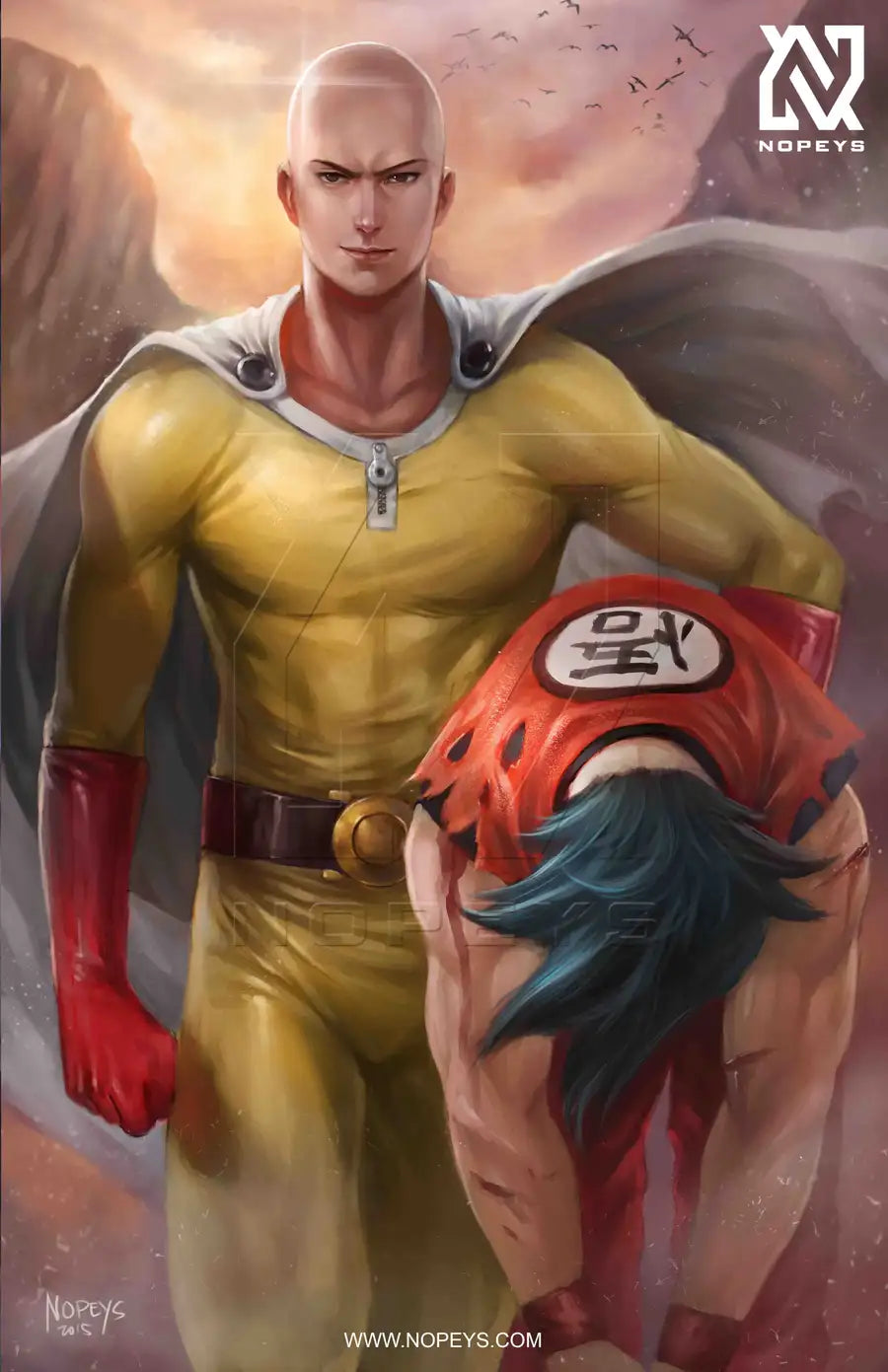 anime-style print of Saitama vs Goku – mid-air clash of power, energy, and intensity.