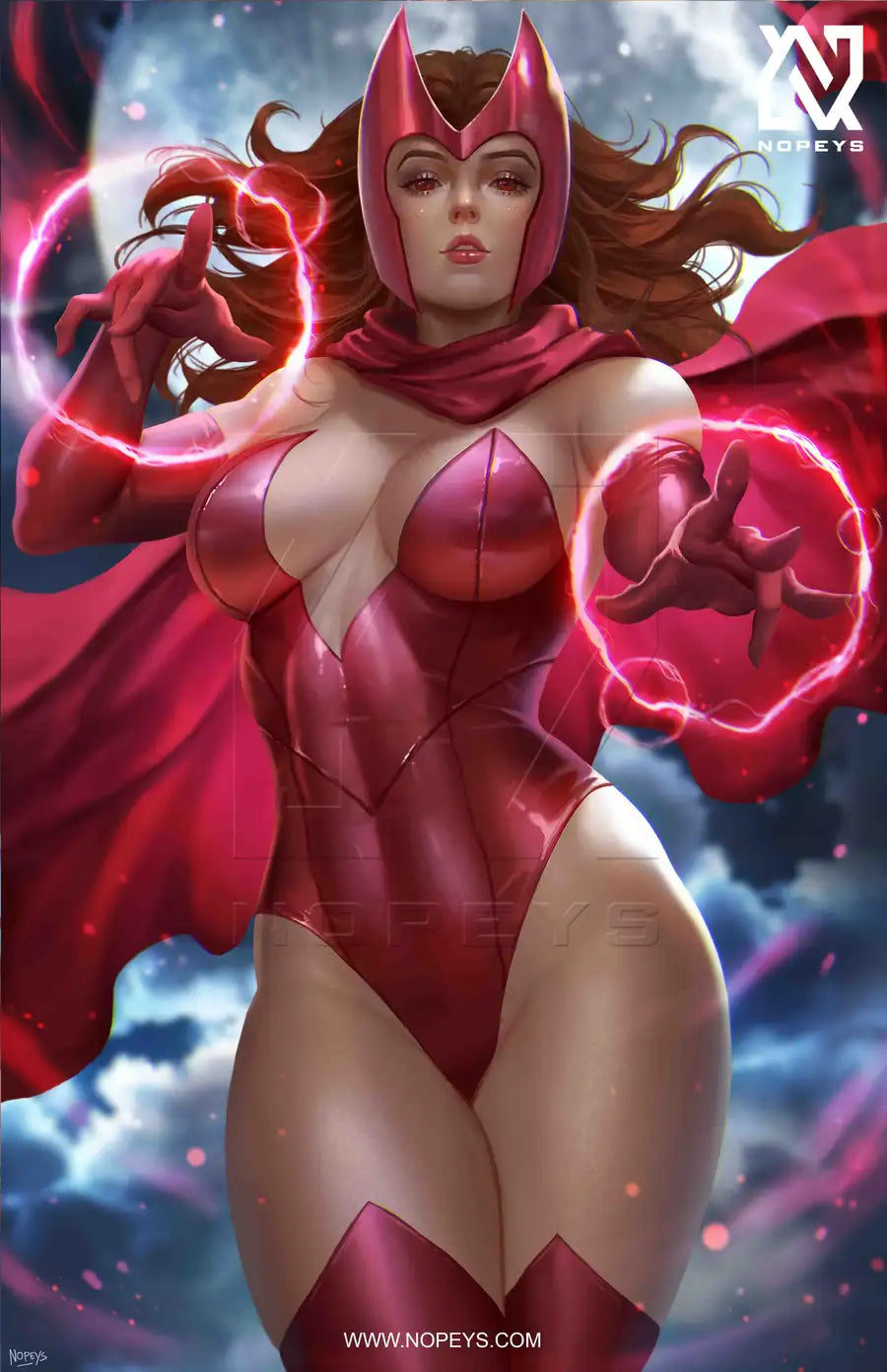 anime-style print of Scarlet Witch – Wanda mid-spell with glowing chaos magic in an intense, magical pose.