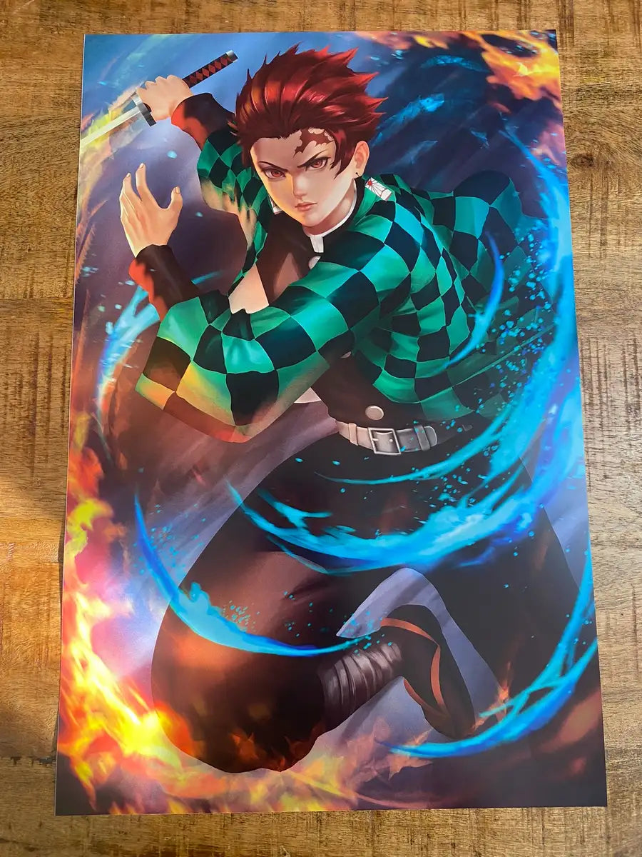 11x17 anime-style print of Tanjiro Kamado from Demon Slayer – sword drawn in mid-action, showing water breathing form.