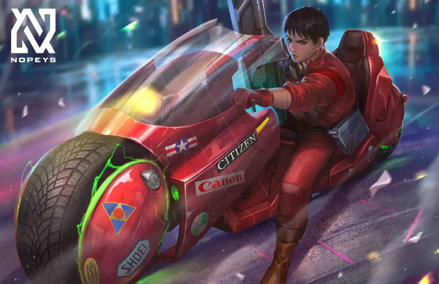 Bring home the iconic look of Shotaro Kaneda's high-tech motorcycle with this beautiful digital art work. Available in a range of materials, this poster print, canvas, or metal print will make a perfect addition to any living space or office. Let the vibrant colors and detailed composition take you back to the classic Akira animation.