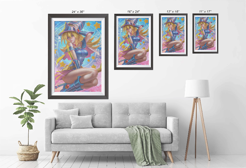 Dark Magician Girl wall art size comparison for 12x18, 16x24, and 24x36 prints
