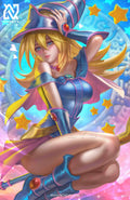 Dark Magician Girl casting a spell amid golden stars and pastel light in Arcane Star Enchantress Wall Art