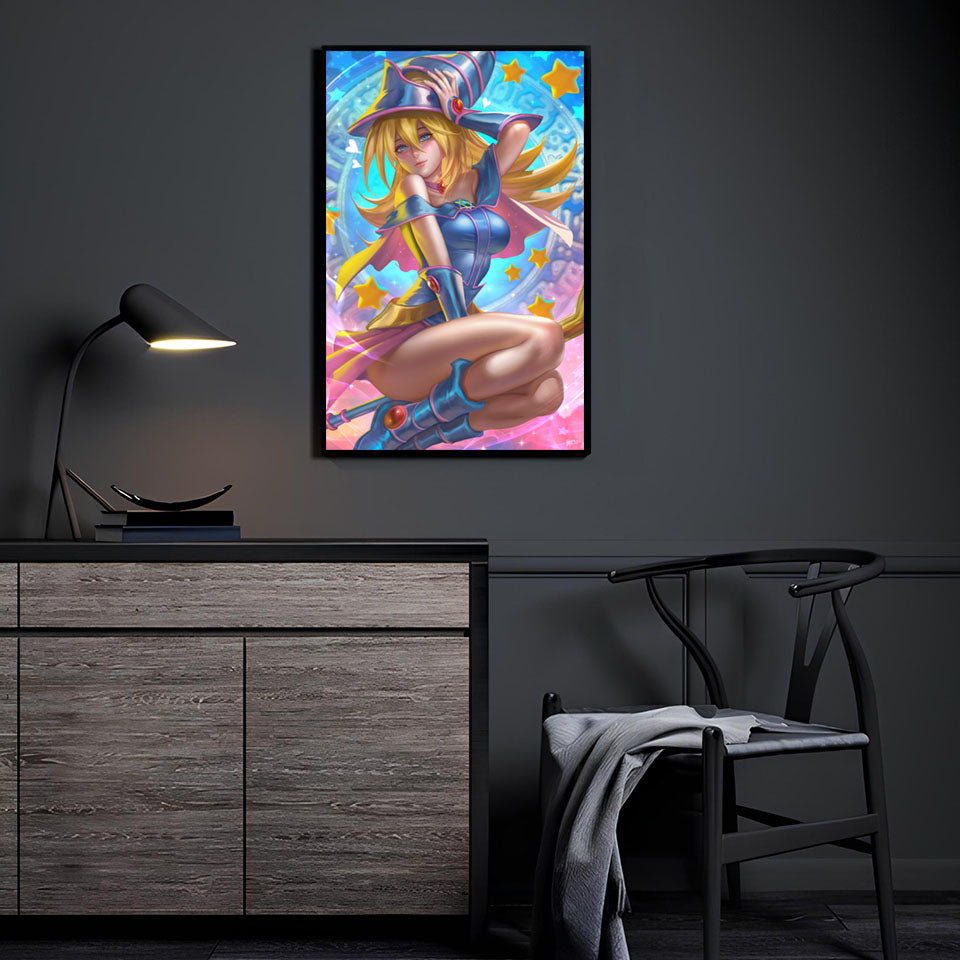 Dark Magician Girl wall art shown as a polished acrylic print with vivid magical color