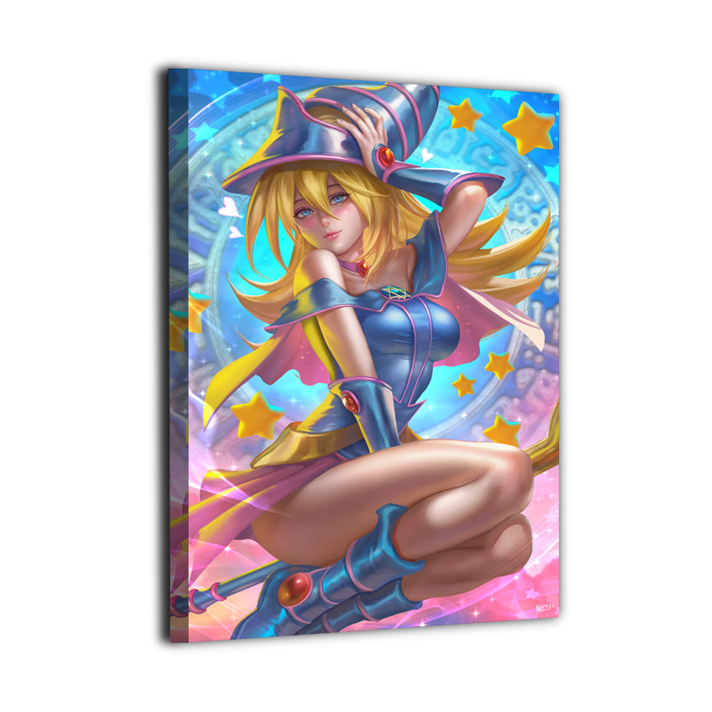 Dark Magician Girl wall art shown as a gallery-wrapped canvas print with glowing stars and pastel magic
