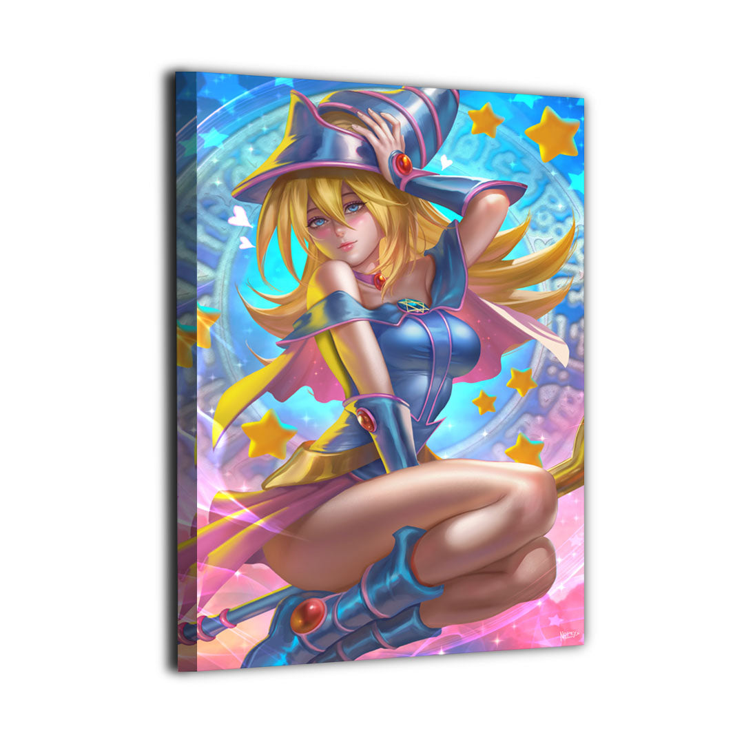 Dark Magician Girl wall art shown as a gallery-wrapped canvas print with glowing stars and pastel magic
