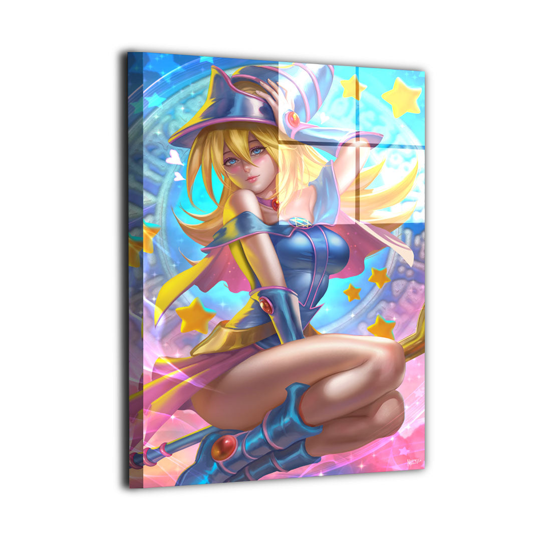 Dark Magician Girl wall art shown as a glossy metal print with turquoise, pink, gold, and lavender magic effects