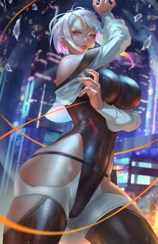 Lucy netrunner artwork by Nopeys; vivid neon city poster.