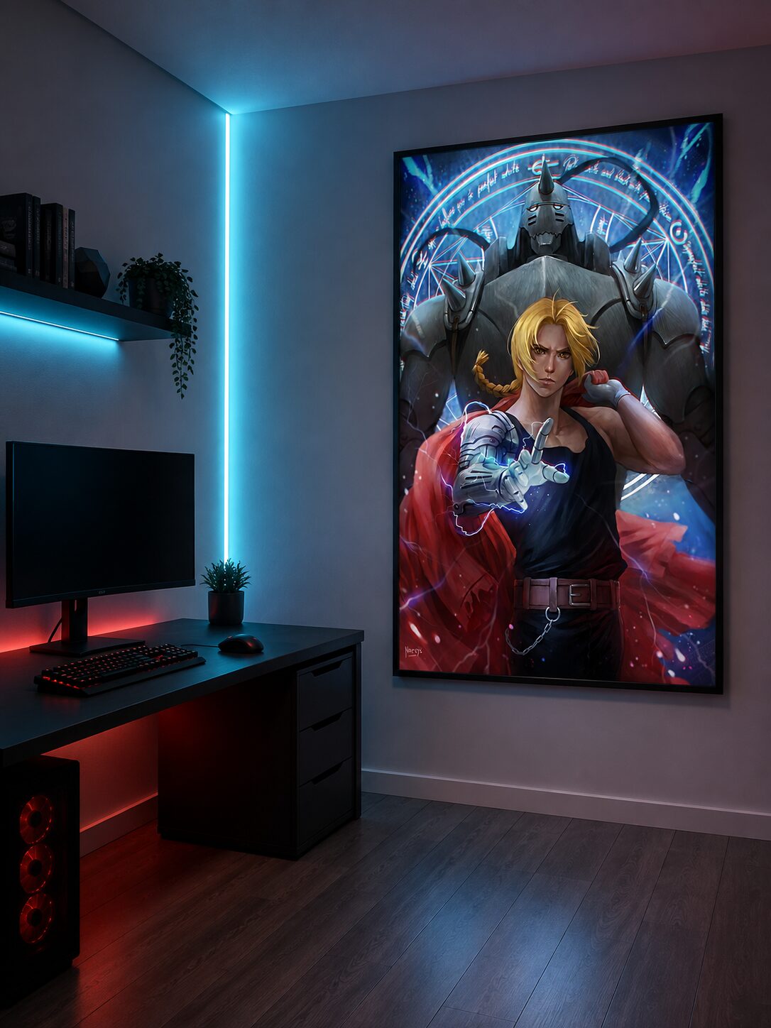 Brothers of Steel & Flame wall art displayed in an empty red and blue LED gaming room