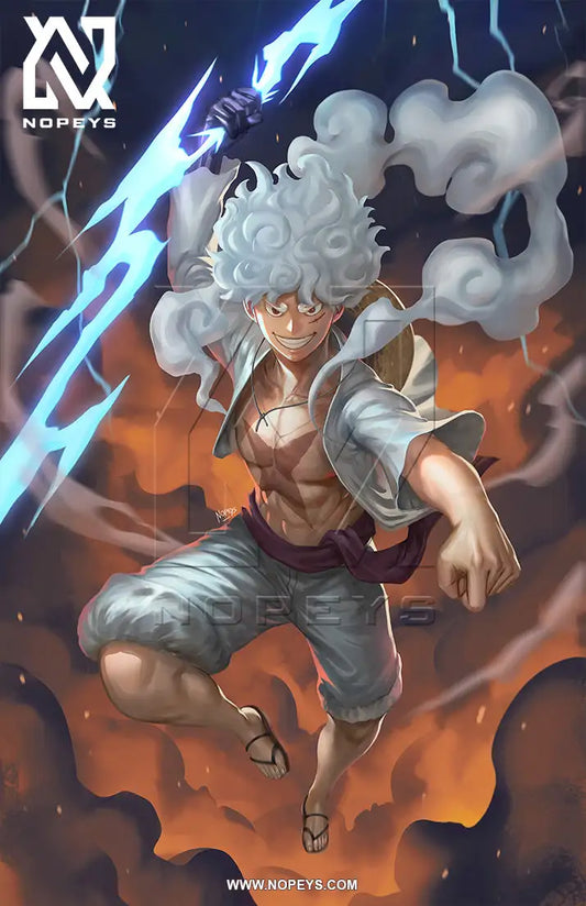 Gear 5 Luffy wall art on 12x18 canvas, showcasing Luffy's explosive Gear 5 transformation from One Piece.
