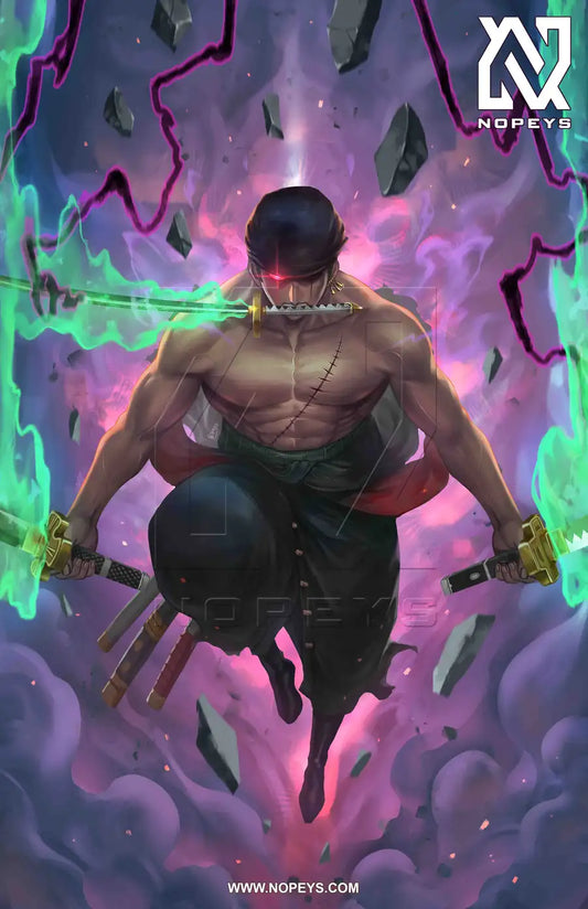 Three-Sword Style Zoro wall art on 12x18 canvas, featuring Zoro in his iconic three-sword stance from One Piece."