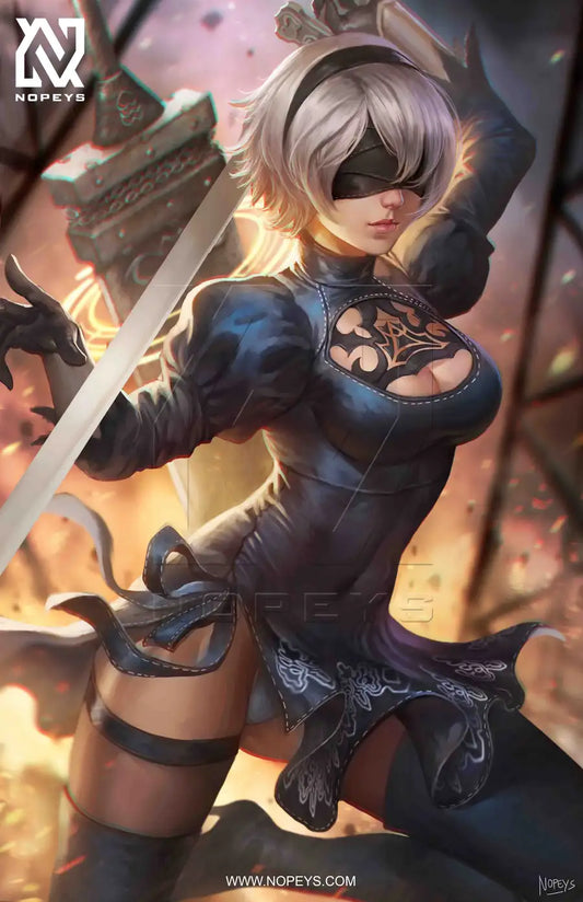 anime-style print of 2B from NieR Automata – standing poised with sword in a ruined future.
