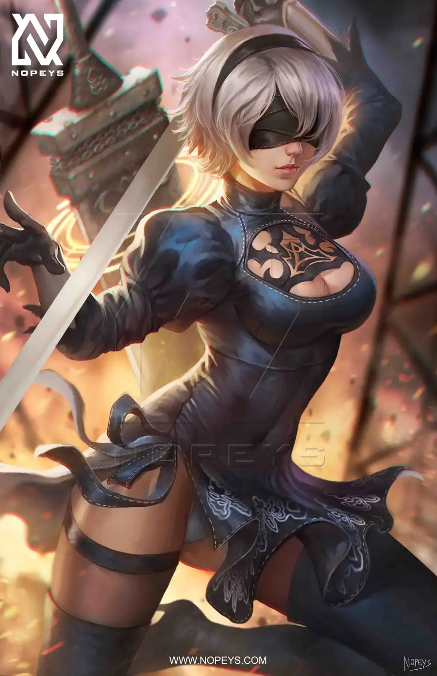 anime-style print of 2B from NieR Automata – standing poised with sword in a ruined future.