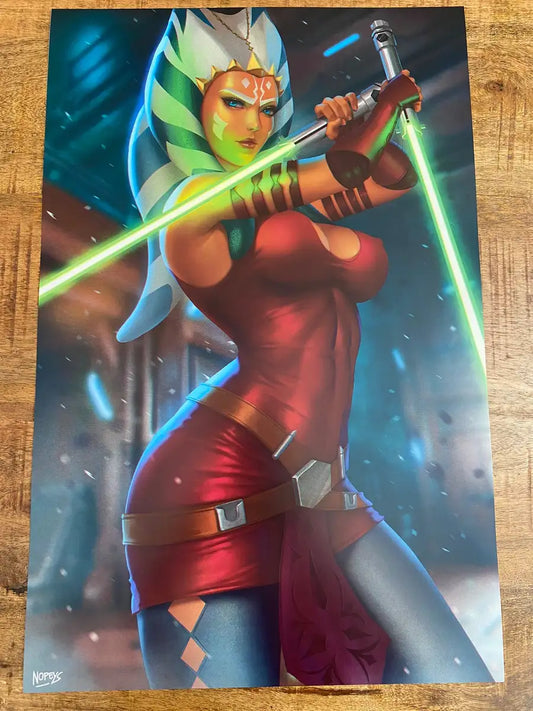11x17 anime-style print of Ahsoka Tano – twin white sabers drawn, focused gaze, and motion energy.