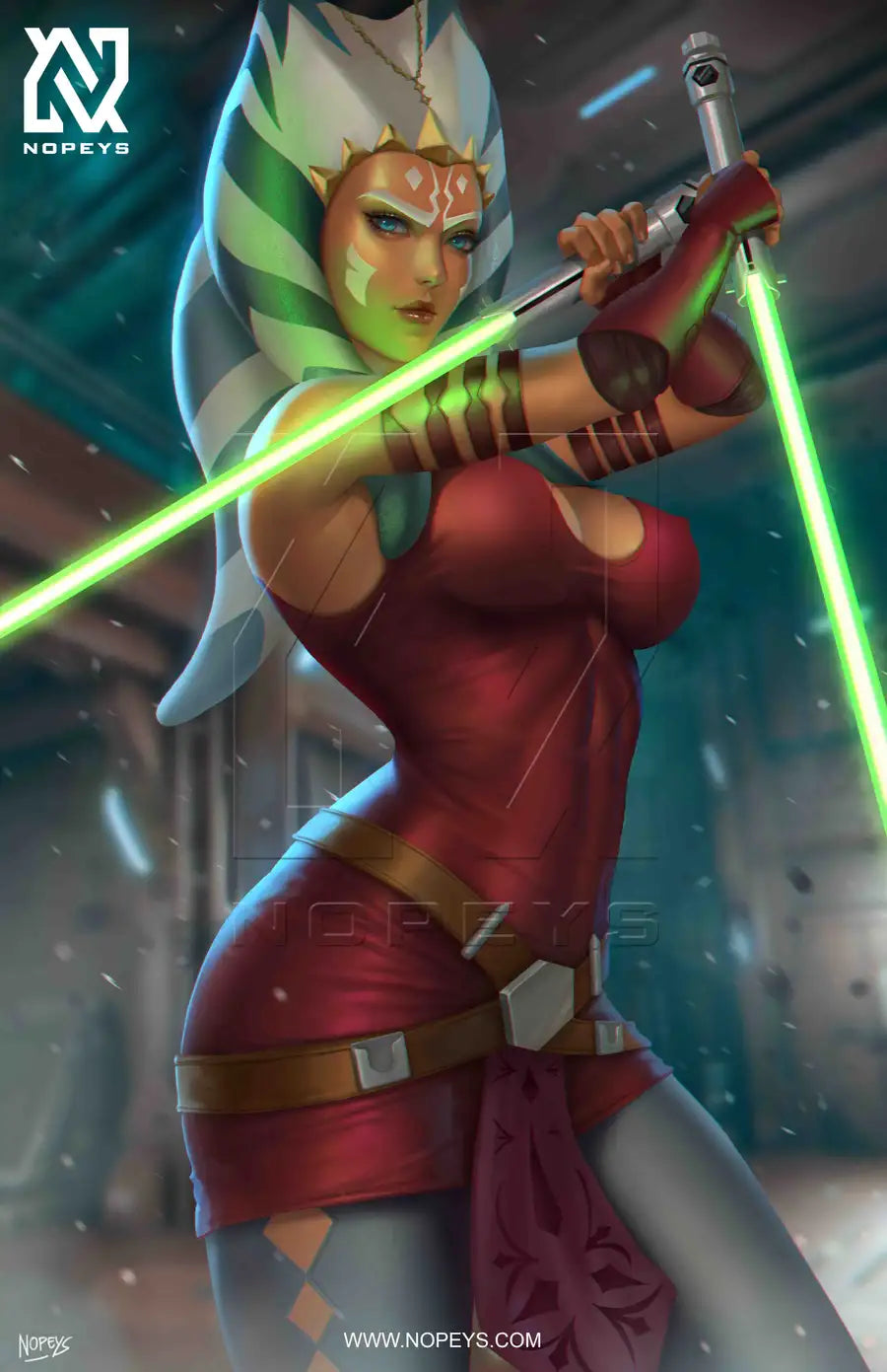 anime-style print of Ahsoka Tano – twin white sabers drawn, focused gaze, and motion energy.