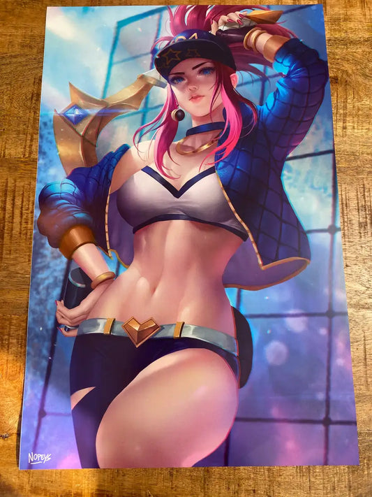 11x17 anime-style print of Akali – stealth assassin in hood with twin kama blades in striking ninja stance.