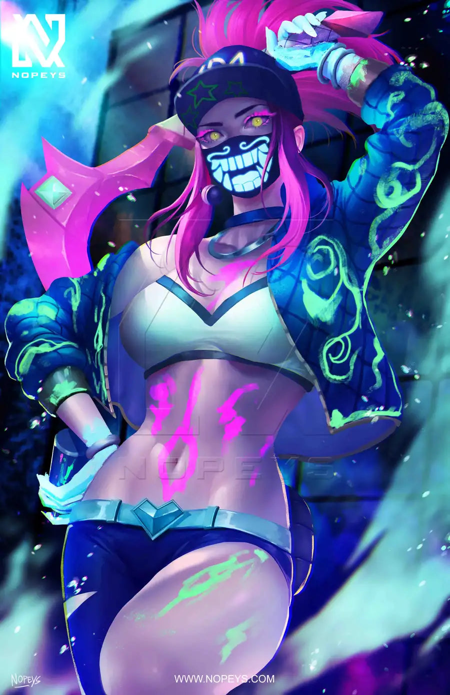 anime-style print of Akali in battle colors – ninja motion pose with glowing blades and electric energy.