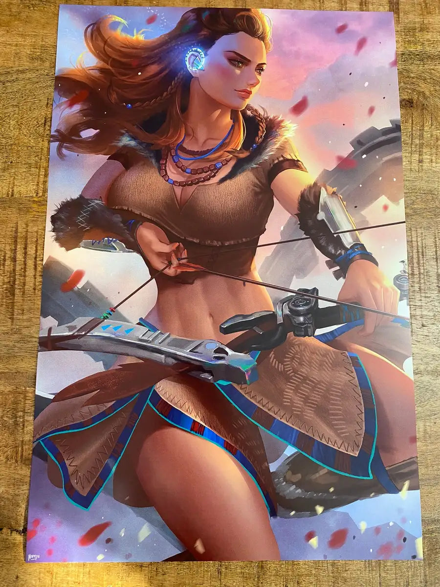 11x17 anime-style print of Aloy – bow drawn, Focus glowing, mid-hunt with windswept motion.