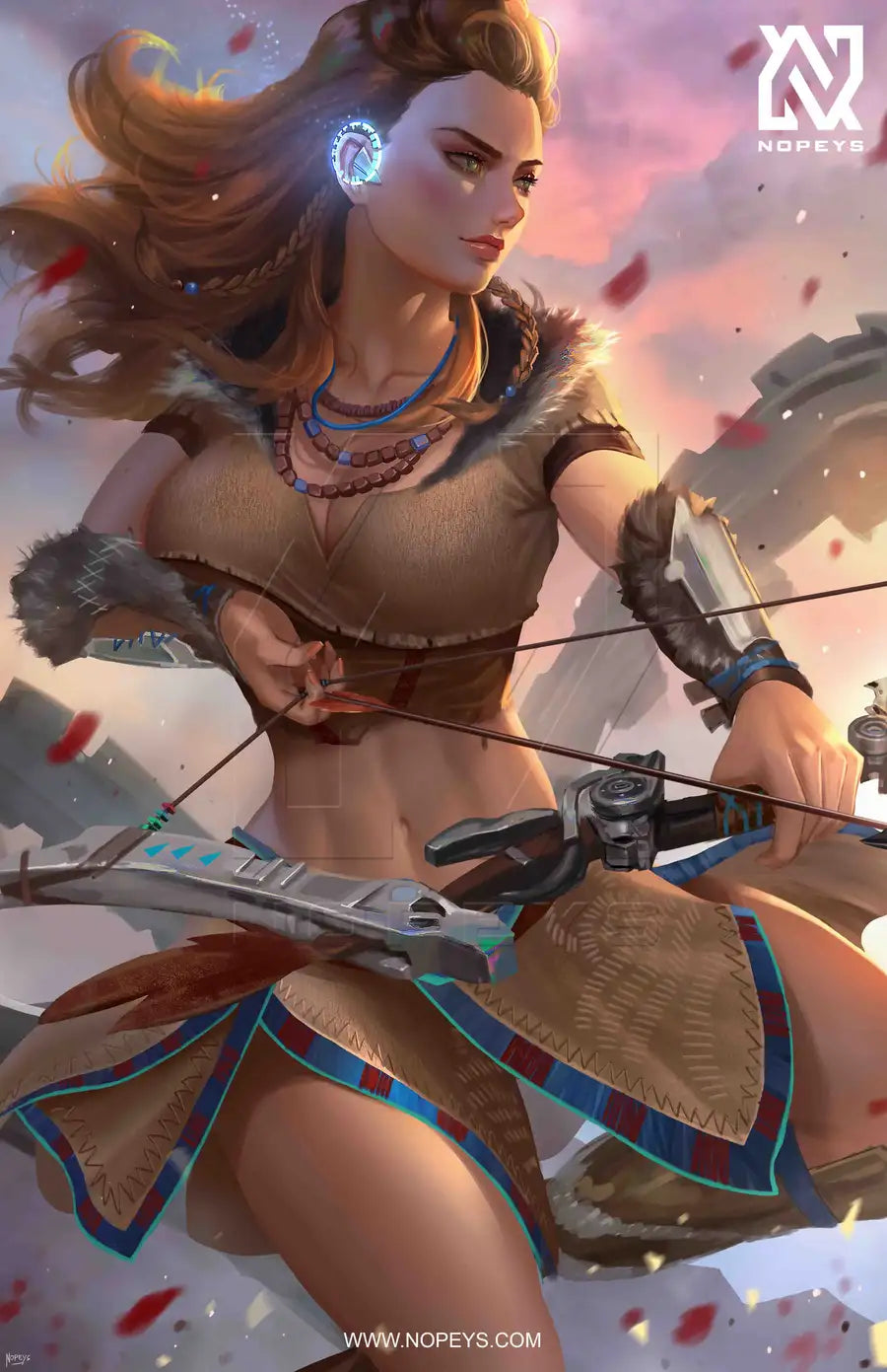 anime-style print of Aloy – bow drawn, Focus glowing, mid-hunt with windswept motion.