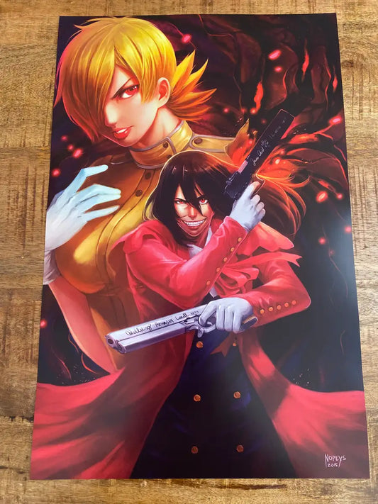 11x17 anime-style print of Alucard and Seras Victoria mid-battle — gothic, red, and fierce with weapons drawn.