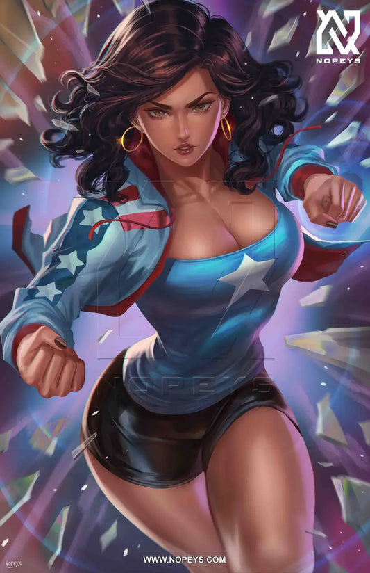 print of America Chavez from Marvel – anime-style tribute capturing her mid-action star-powered punch.