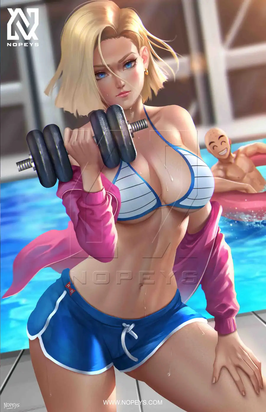 anime-style print of Android 18 – mid-training, wearing gym gear and looking fierce.