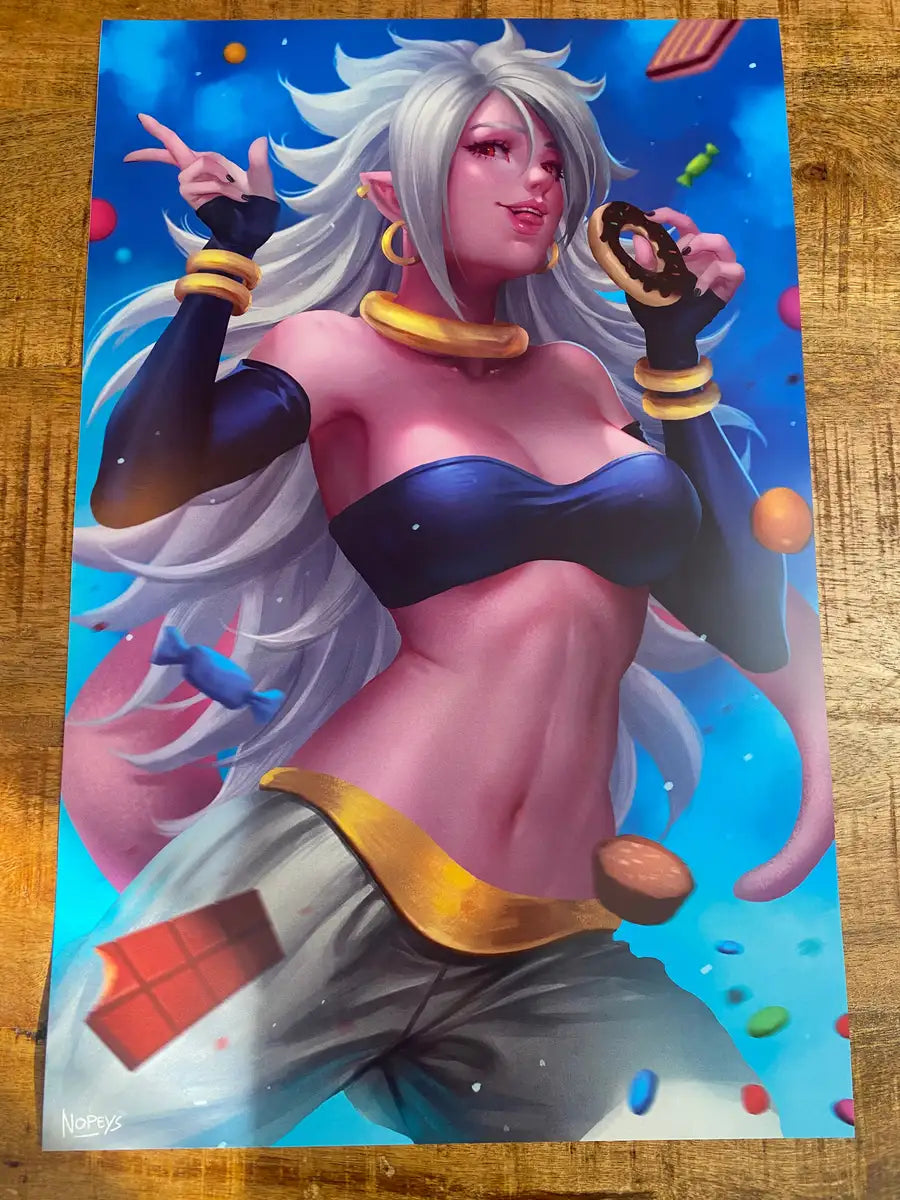  11x17 anime-style print of Android 21 – fierce Majin form with glowing energy and mischievous expression.