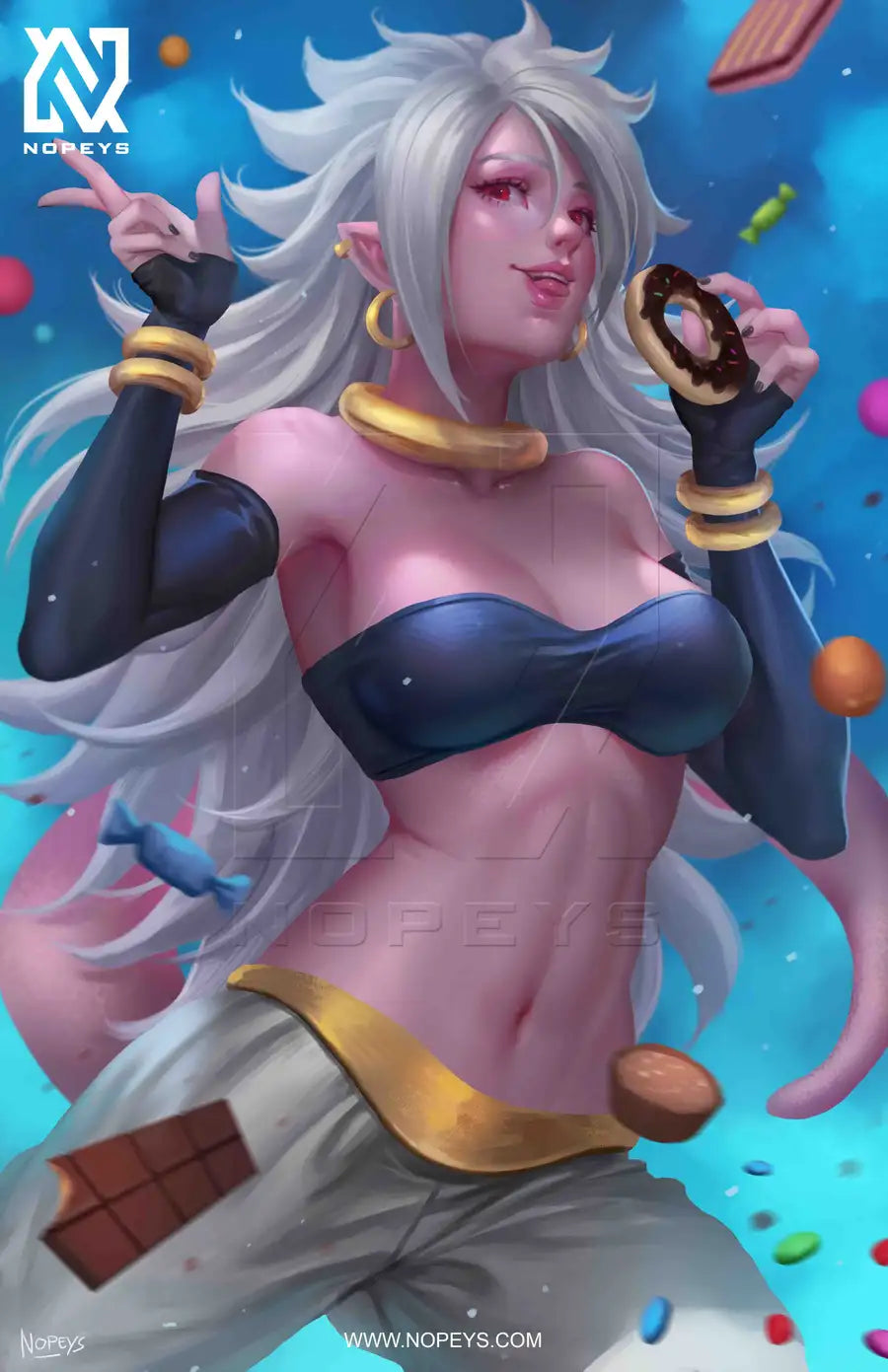  11x17 anime-style print of Android 21 – fierce Majin form with glowing energy and mischievous expression.