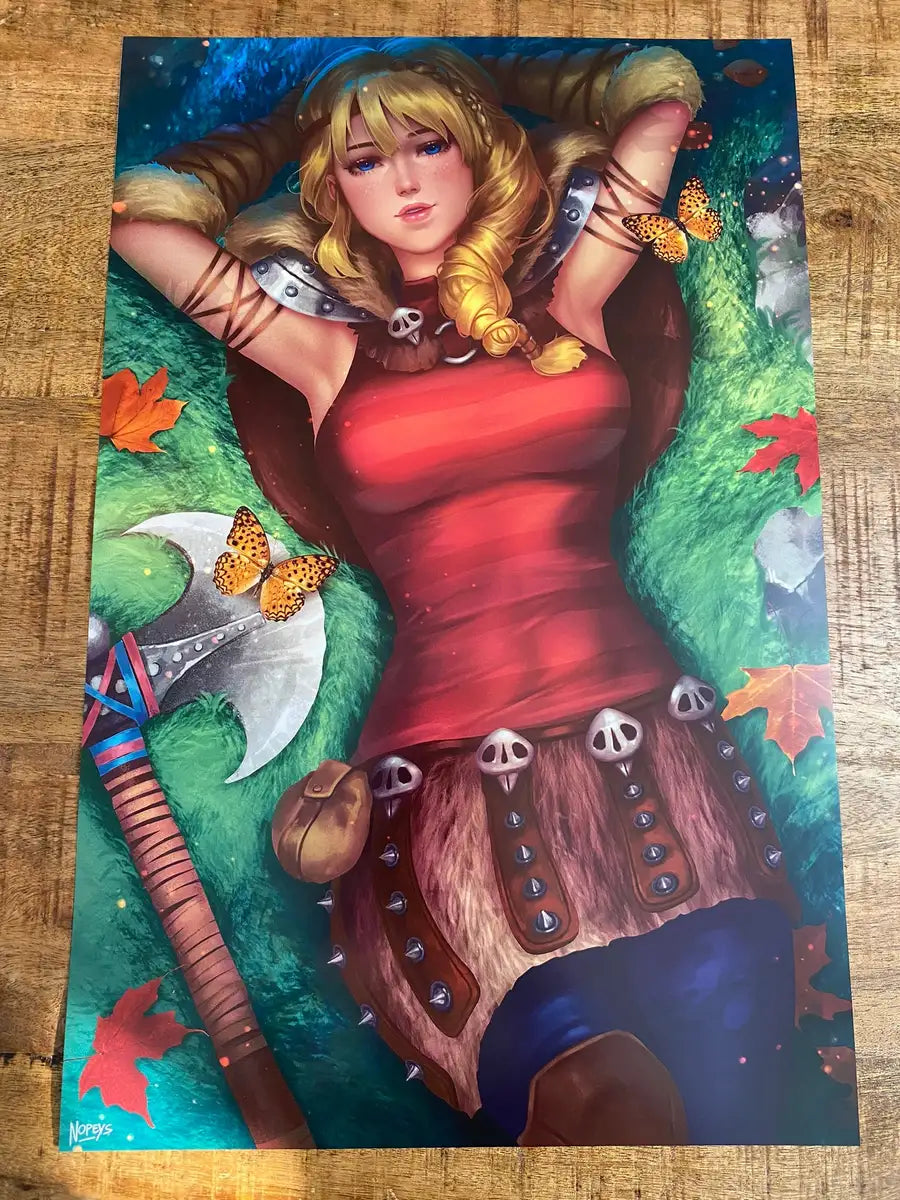 11x17 anime-style print of Astrid – axe in hand, wind in hair, Viking warrior ready to fight.