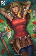anime-style print of Astrid – axe in hand, wind in hair, Viking warrior ready to fight.