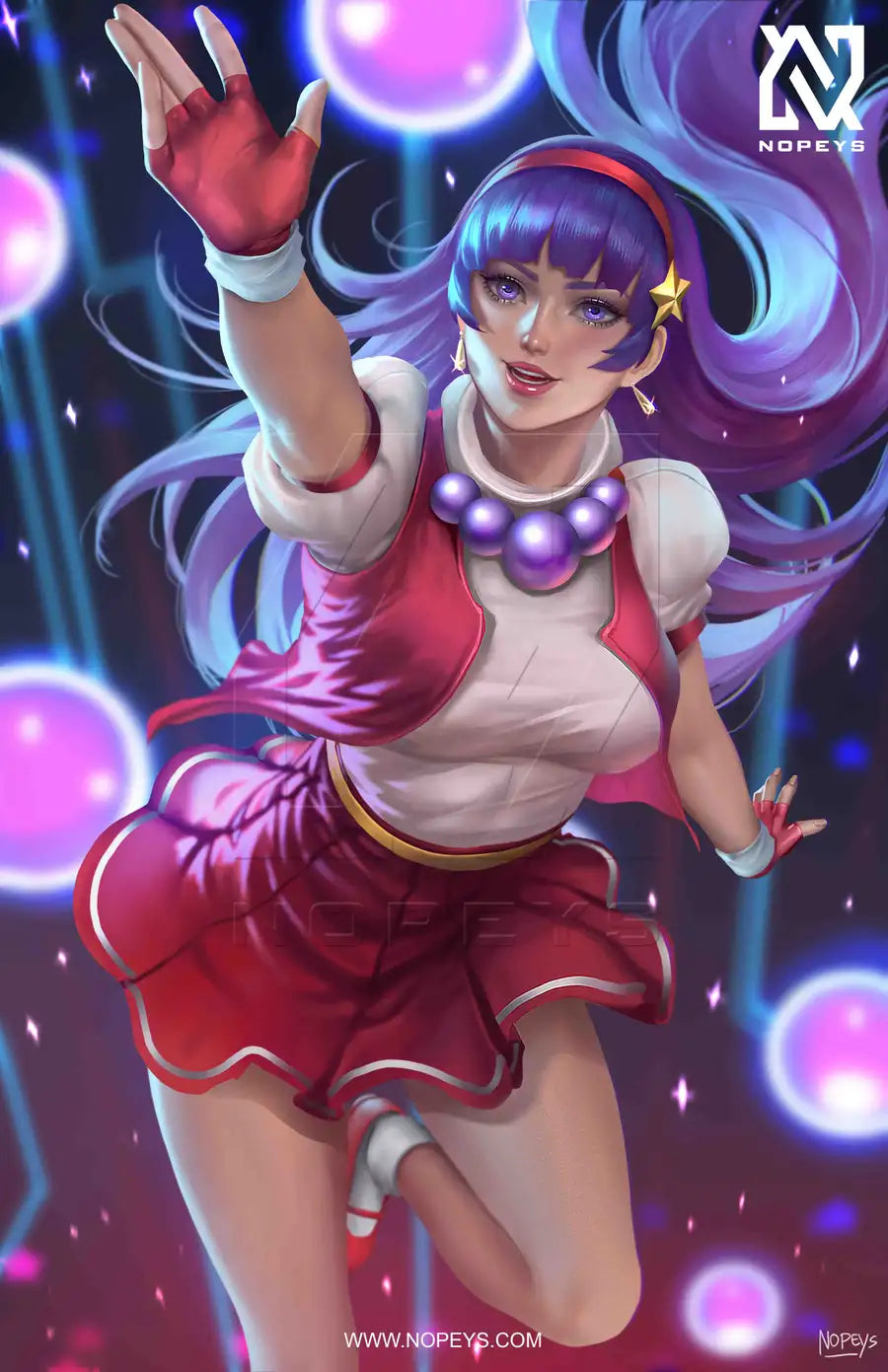  anime-style print of Athena Asamiya – psychic idol pose with glowing aura and classic outfit.