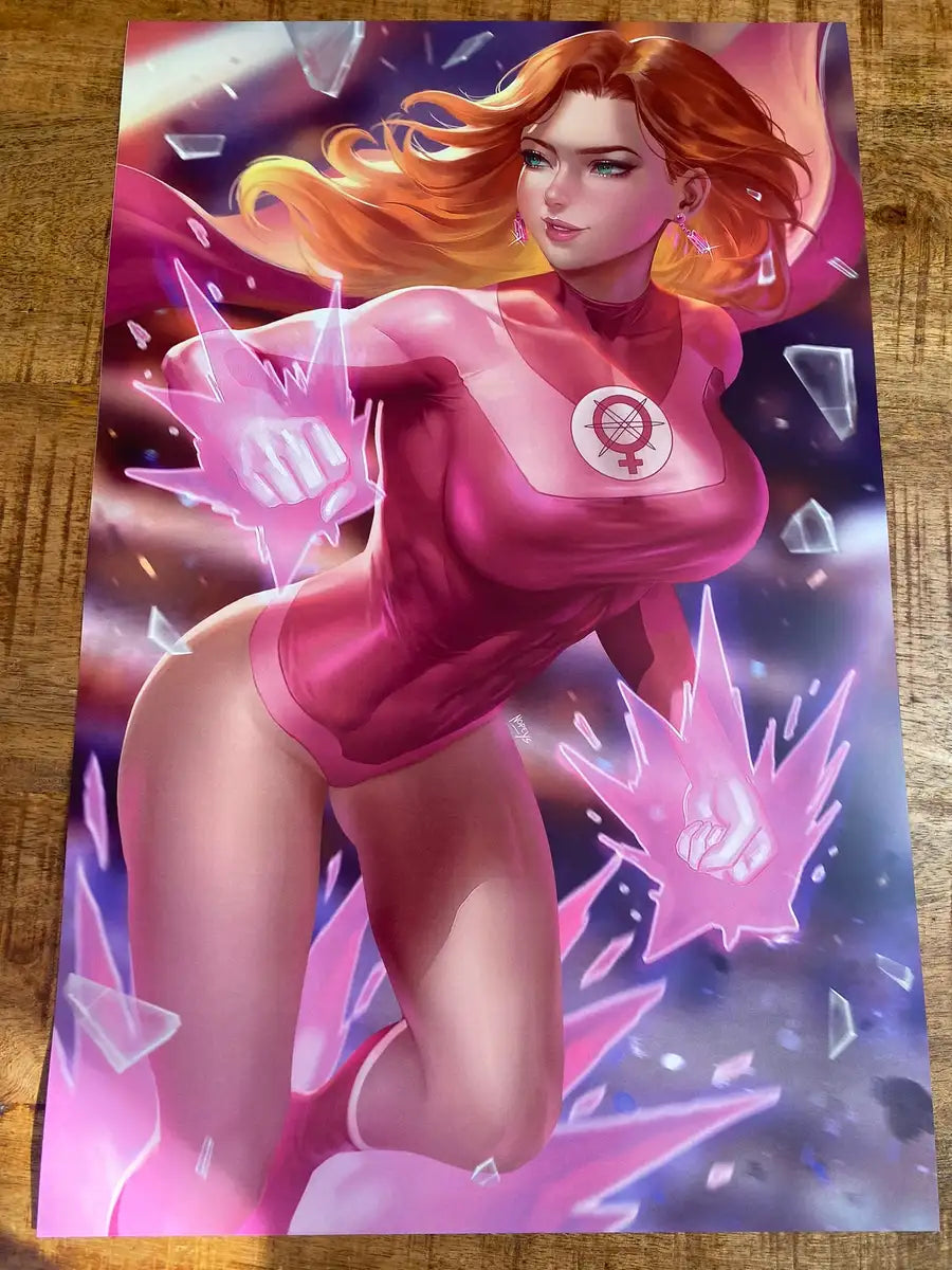 11x17 anime-style print of Atom Eve – mid-flight surrounded by glowing pink energy.