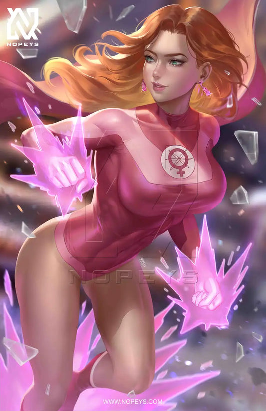 anime-style print of Atom Eve – mid-flight surrounded by glowing pink energy.